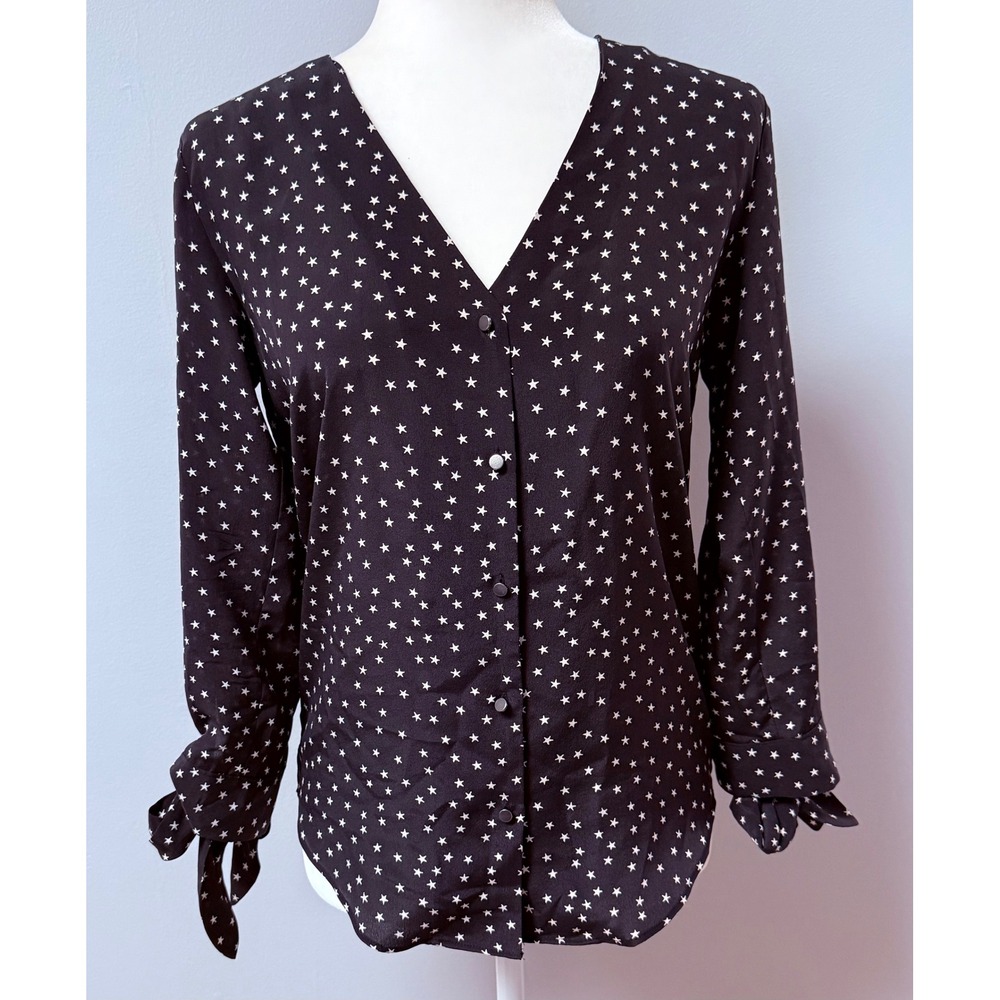 Madewell‎ V-Neck Star Print 100% Silk Tie Sleeve Blouse Button Front Size XS